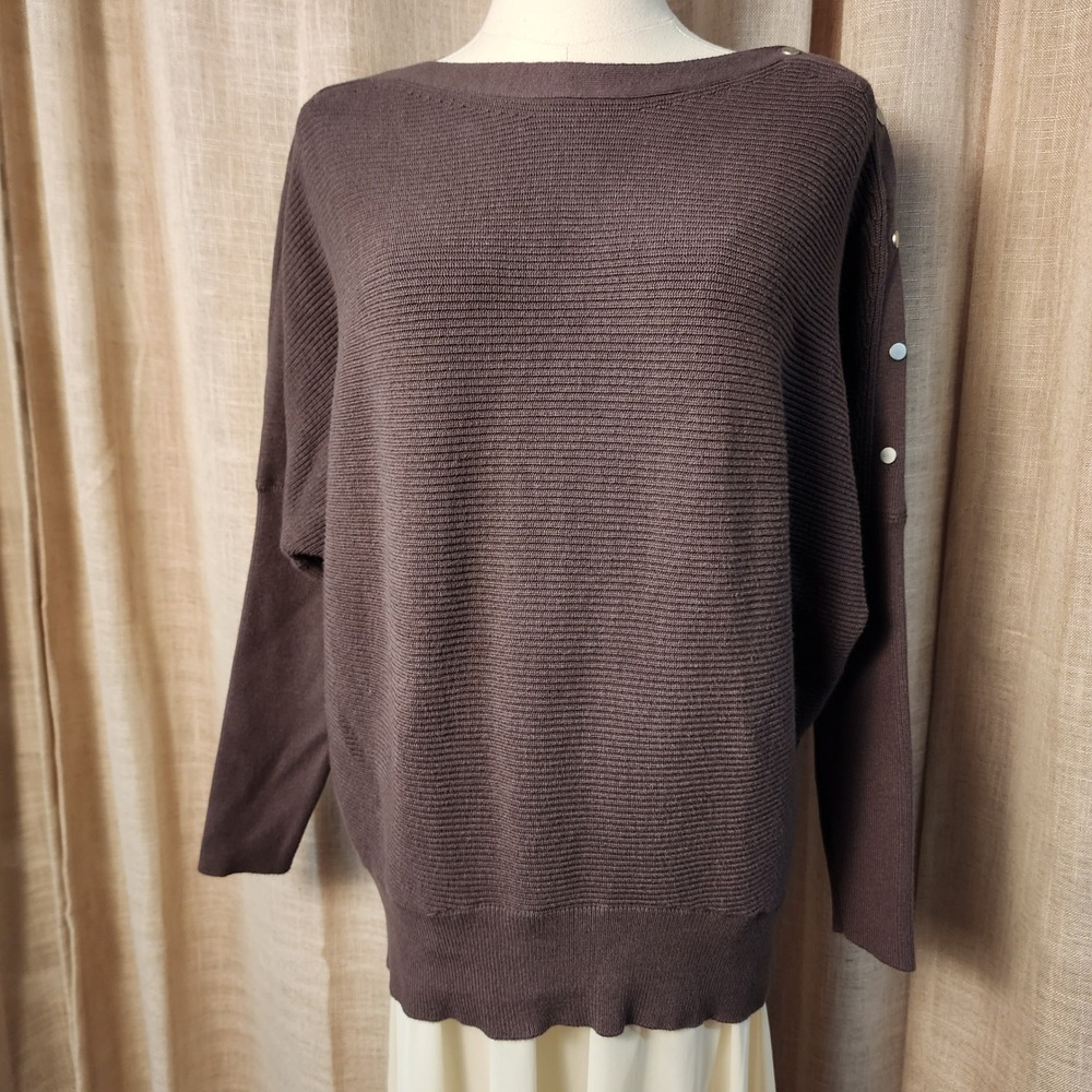 Simply Vera Vera Wang Sweater Womens Large Brown Cotton Ribbed Snap Shoulder
